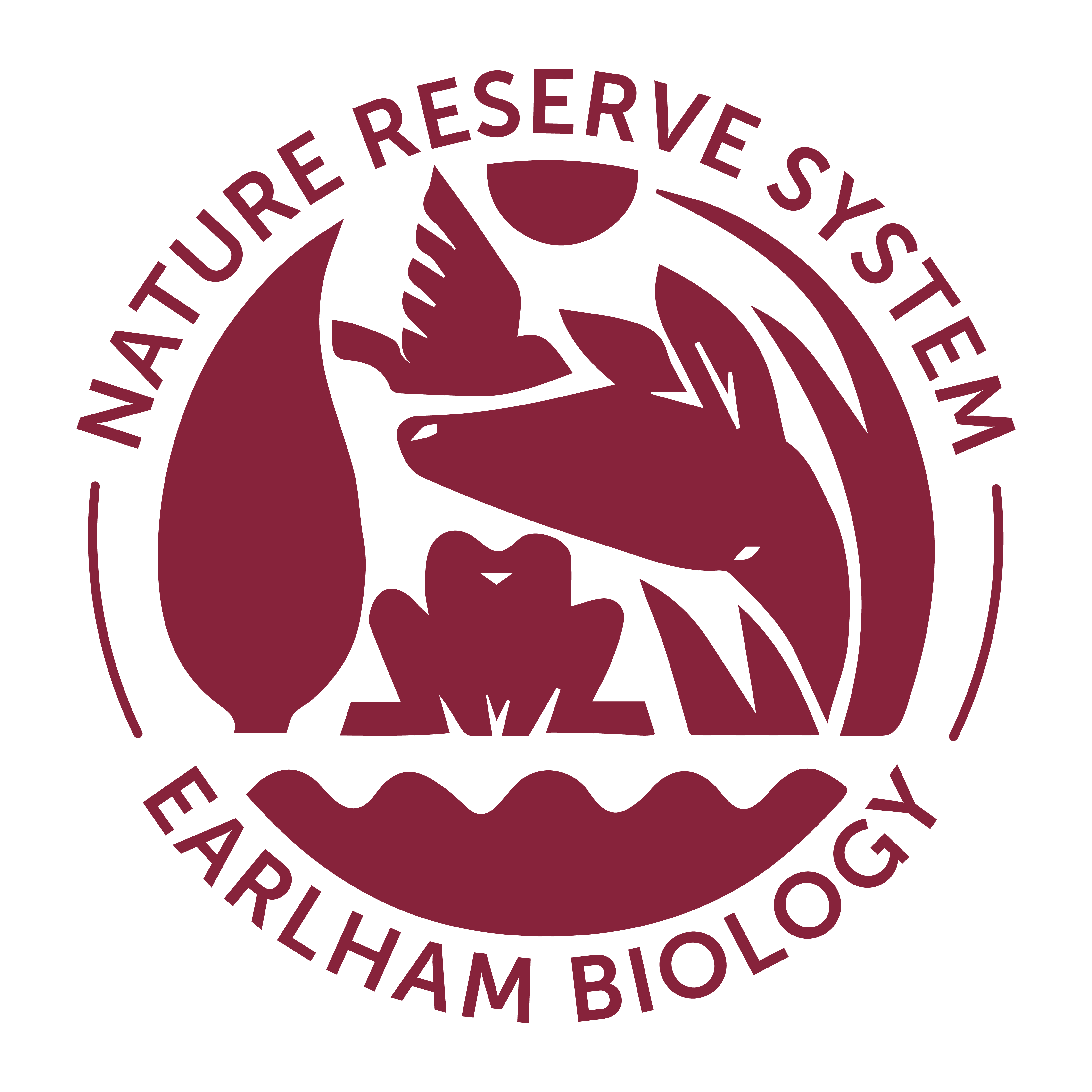 Nature Reserve System Logo with a tree, bird, deer, frog, water, sun, and grass