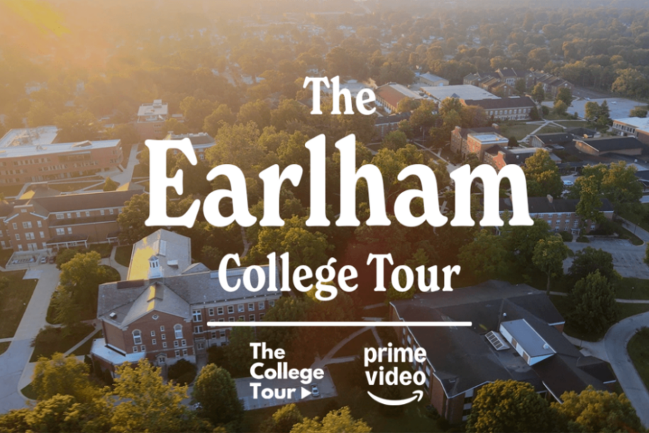 the skyline of Earlham college is on display. Text is overlaid that says "The Earlham College Tour." Below the text is a dividing line, followed by The College Tour and Amazon Prime logos