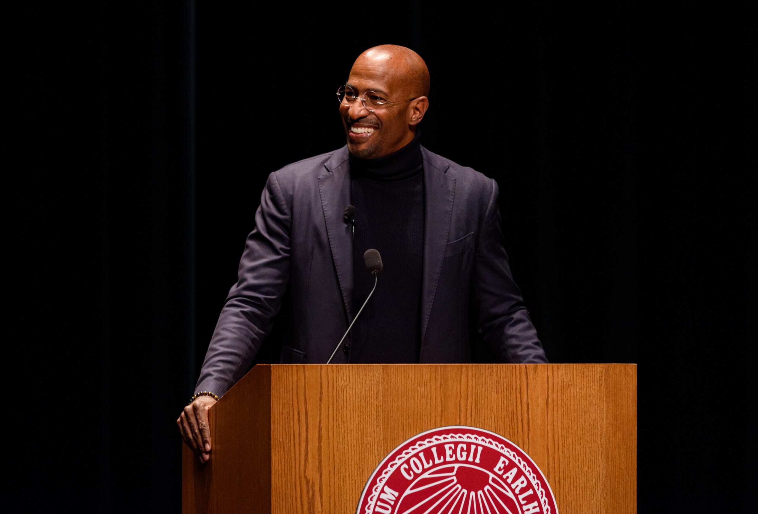 Van Jones at the podium during his Presidential Lecture