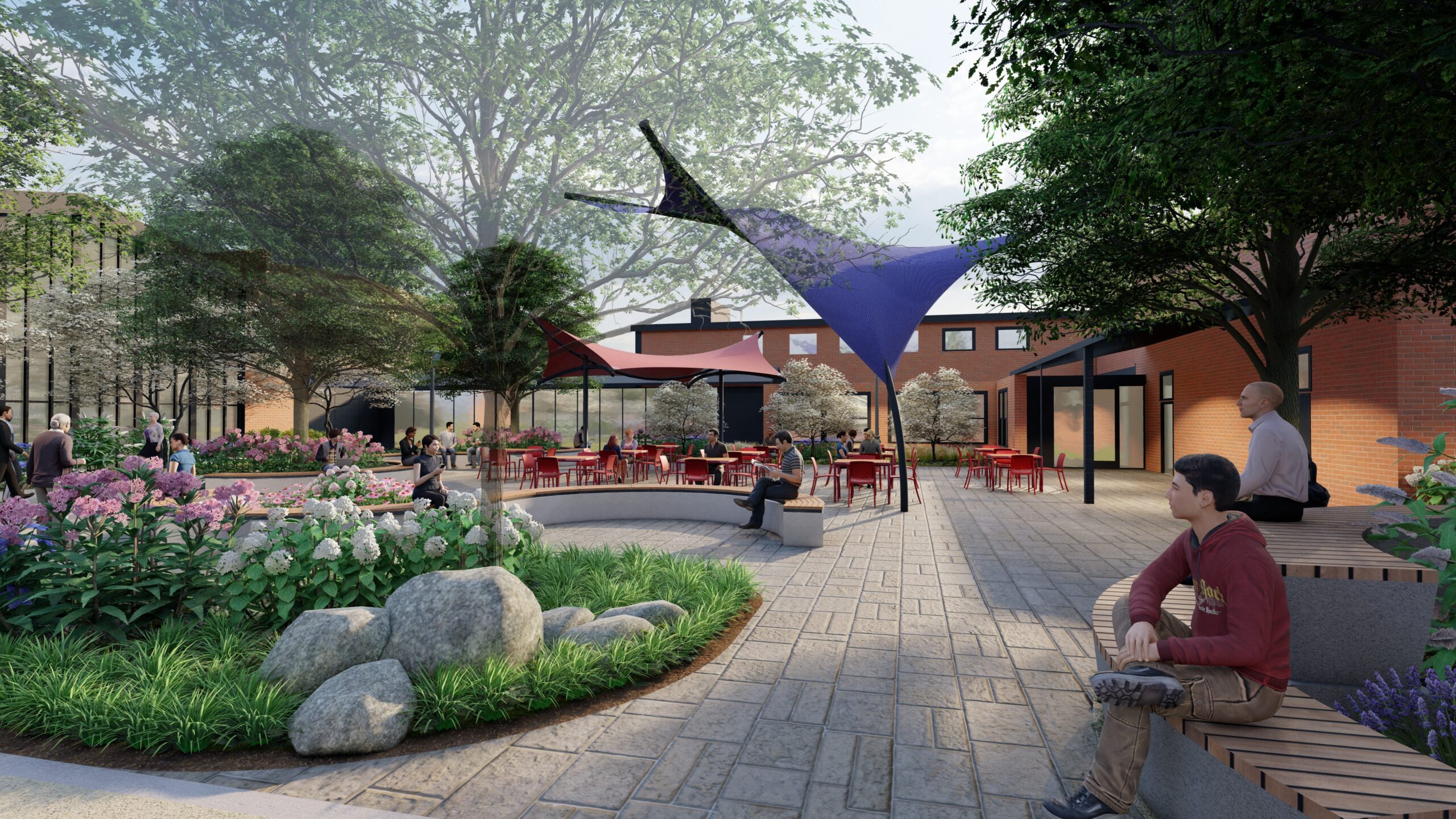 Artist rendering of proposed updates to Runyan Center’s east plaza, showing added trees, colorful flowers, tables, solar panels, and refreshed landscaping.