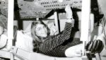 Margaret Hamilton black and white picture from a flight deck simulation.