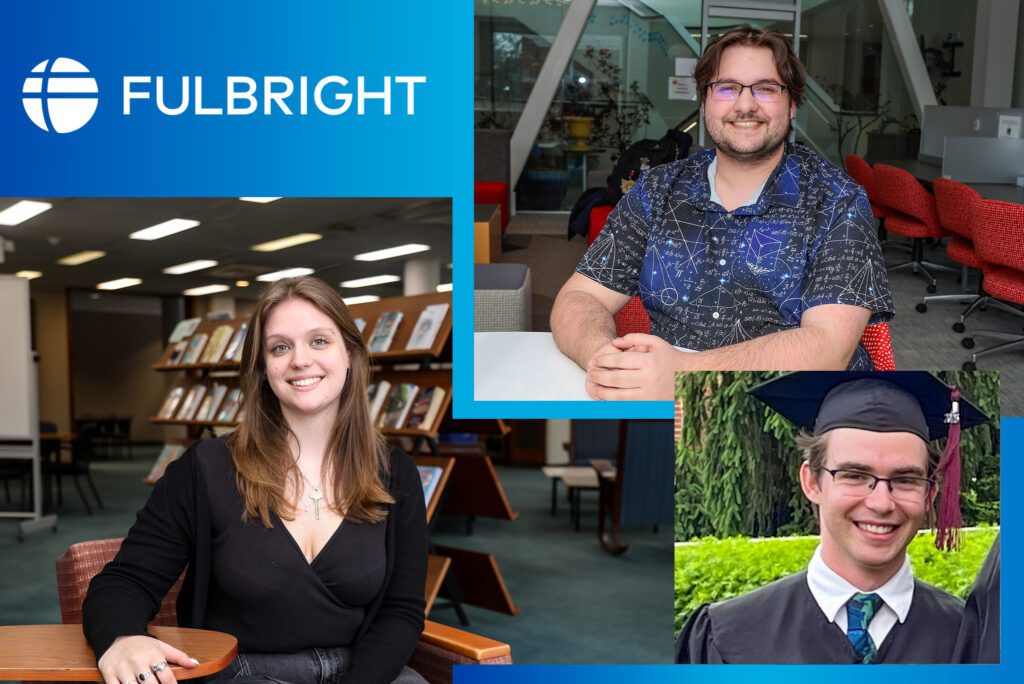 The Fulbright award logo is combined in a graphic with images of Earlham College's three semifinalist recipients