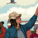 An illustration of people pointing up toward the sky at a flock of birds