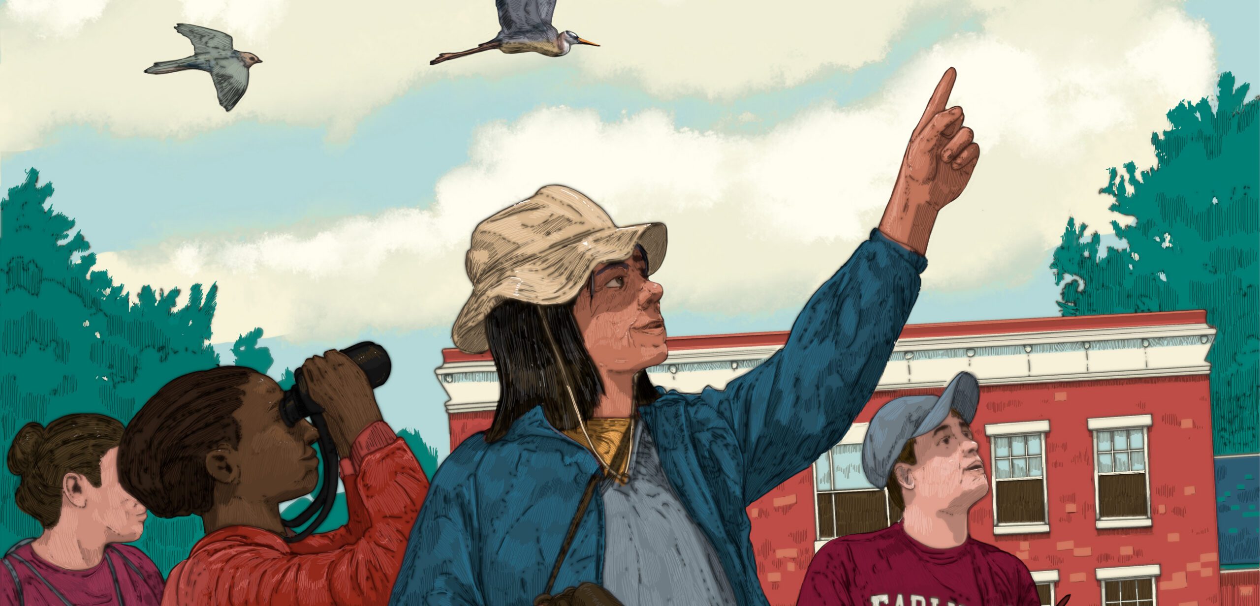 An illustration of people pointing up toward the sky at a flock of birds