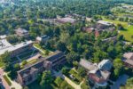 An aerial image of campus in daylight taken from a drone