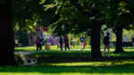 Seven students walk across a tree-lined path on Earlham College's campus